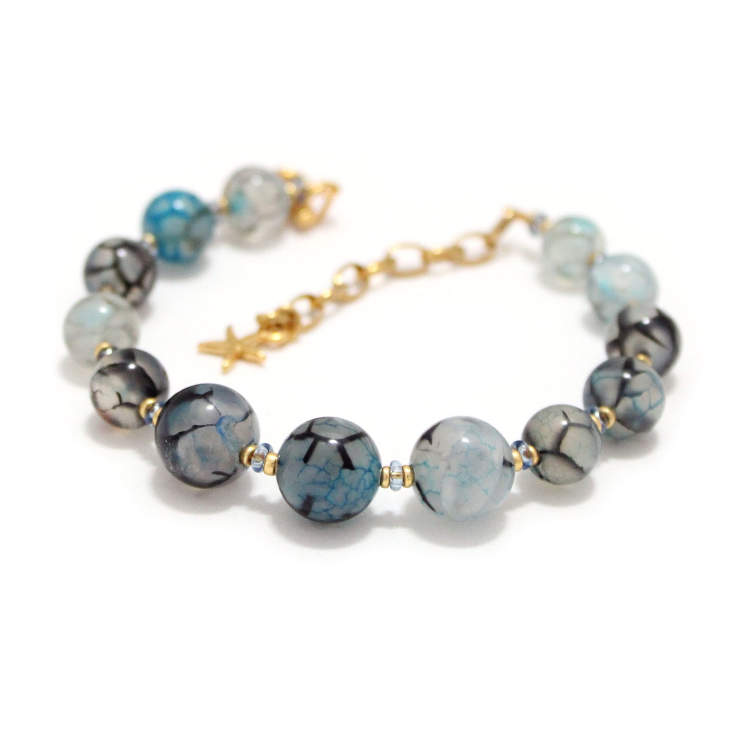 Blue Dragon Vein Agate Beaded Bracelet / 6 - 7 Inch wrist size / gold tone memory wire / extender chain with starfish charm