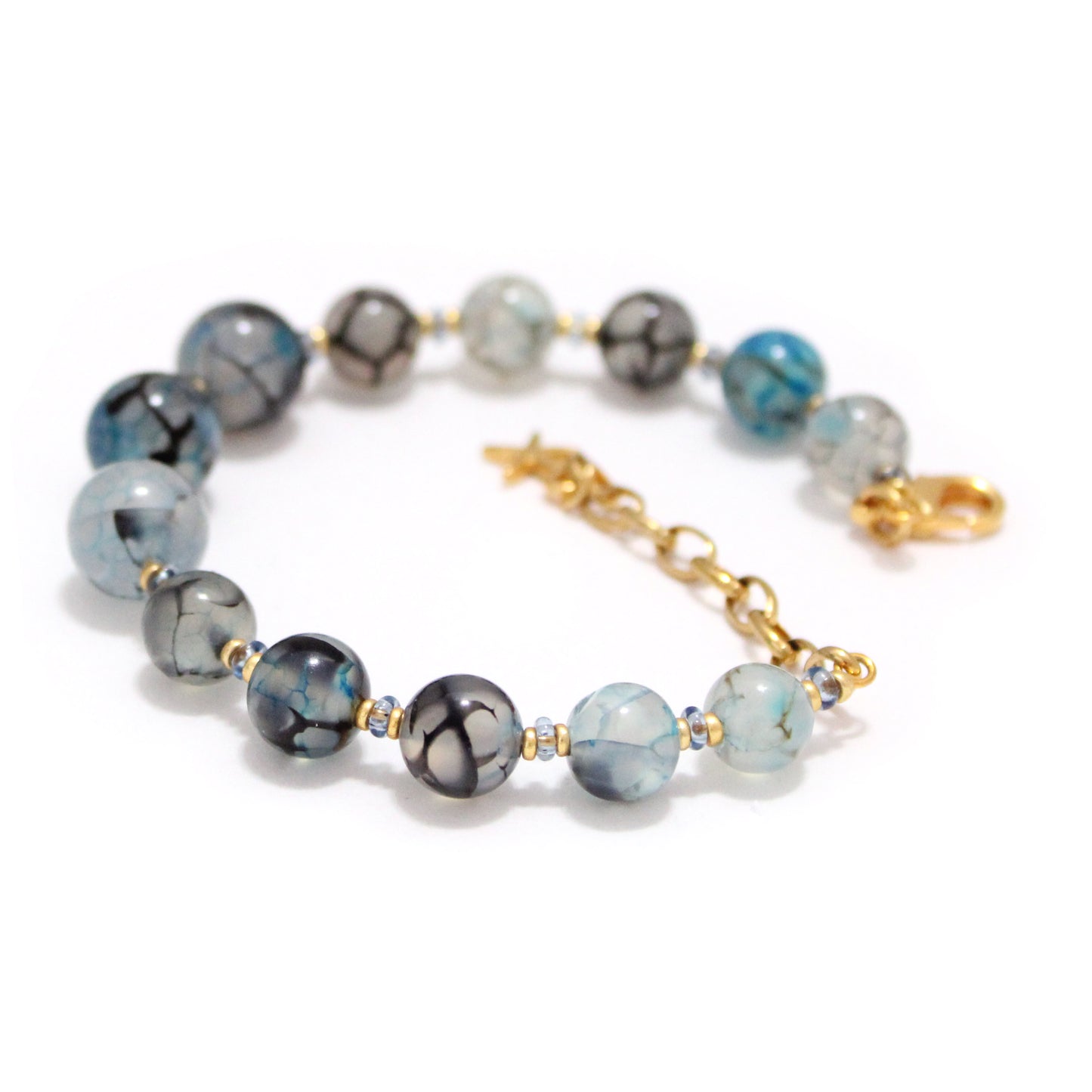 Blue Dragon Vein Agate Beaded Bracelet / 6 - 7 Inch wrist size / gold tone memory wire / extender chain with starfish charm