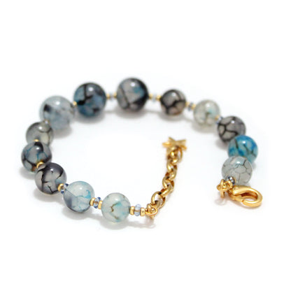 Blue Dragon Vein Agate Beaded Bracelet / 6 - 7 Inch wrist size / gold tone memory wire / extender chain with starfish charm