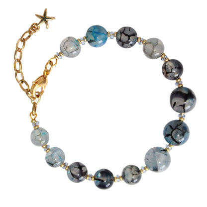 Blue Dragon Vein Agate Beaded Bracelet / 6 - 7 Inch wrist size / gold tone memory wire / extender chain with starfish charm