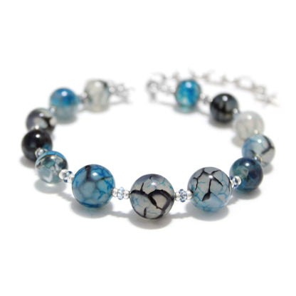 Blue Dragon Vein Agate Beaded Bracelet / 6 - 7 Inch wrist size / silver tone memory wire / extender chain with starfish charm
