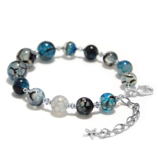 Blue Dragon Vein Agate Beaded Bracelet / 6 - 7 Inch wrist size / silver tone memory wire / extender chain with starfish charm