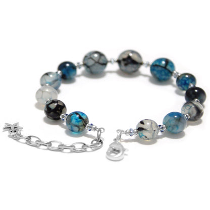 Blue Dragon Vein Agate Beaded Bracelet / 6 - 7 Inch wrist size / silver tone memory wire / extender chain with starfish charm