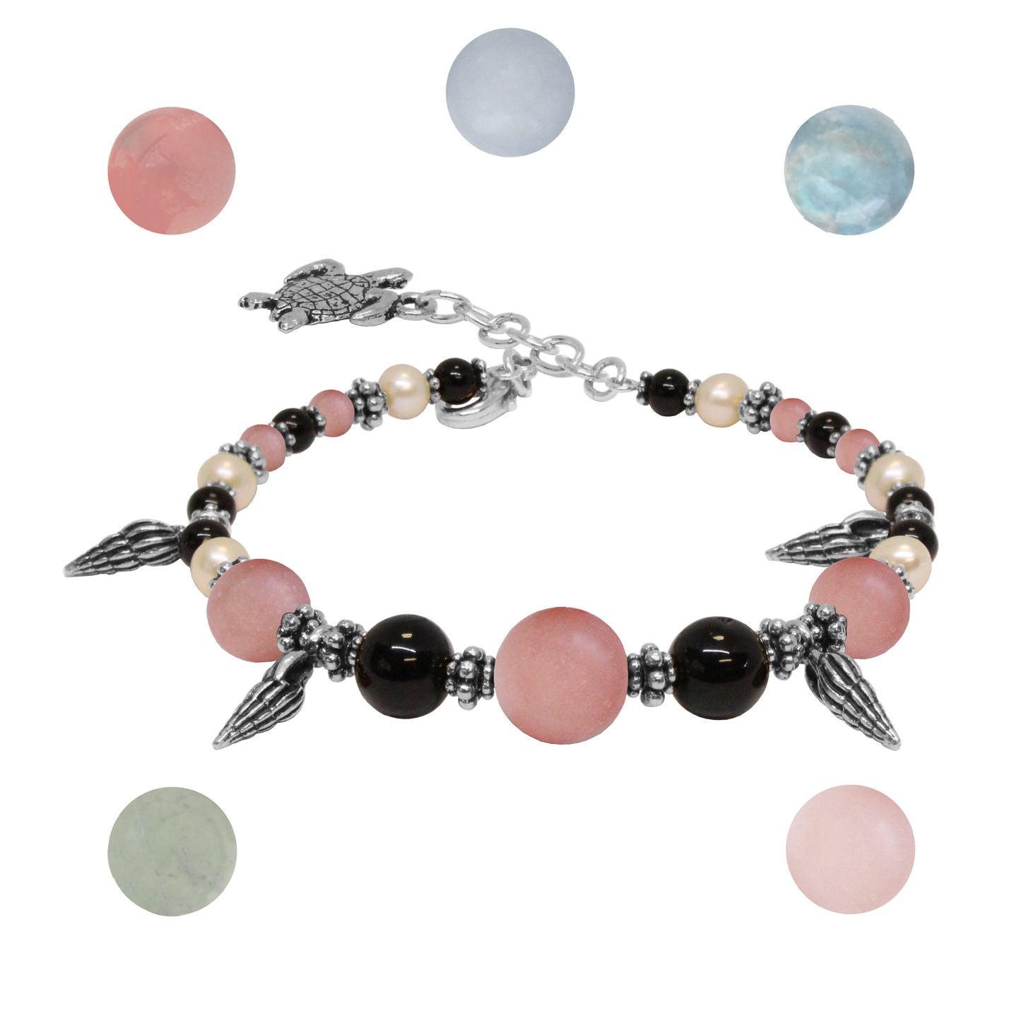 Turtle Beach Bracelet / 6 - 7.5 Inch wrist size / silver pewter / choose from apatite, angelite, carnelian, serpentine or pink opal