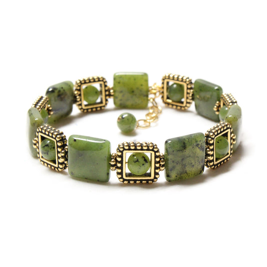 Green Serpentine Bracelet / 6.5 to 7.5 Inch wrist size / alternating squares with extender chain
