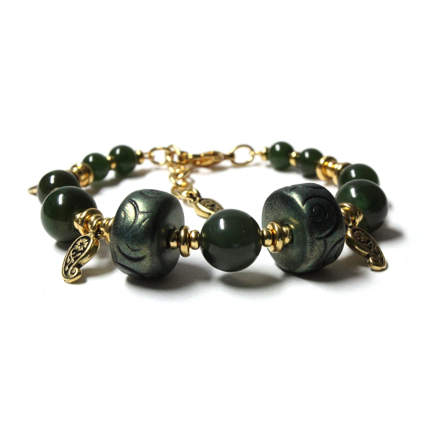 BC Jade Chunky Bracelet / 6 to 7 Inch wrist size / gold pewter beads and charms