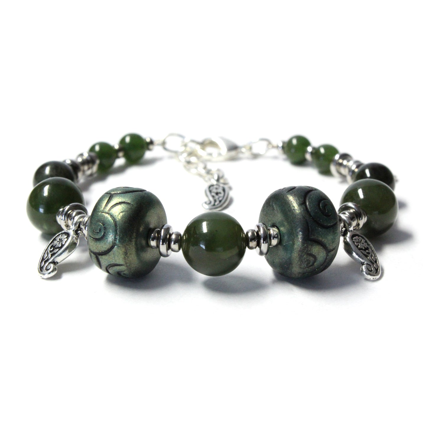 BC Jade Chunky Bracelet / 6 to 7 Inch wrist size / silver pewter beads and charms