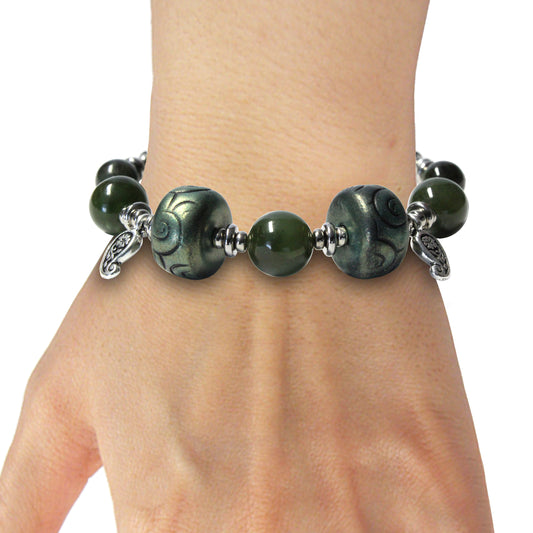 BC Jade Chunky Bracelet / 6 to 7 Inch wrist size / silver pewter beads and charms
