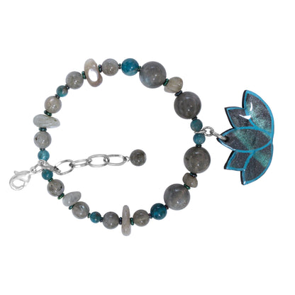 Lotus Choker Necklace, Bracelet and Earrings Set with Labradorite & Blue Apatite gemstones