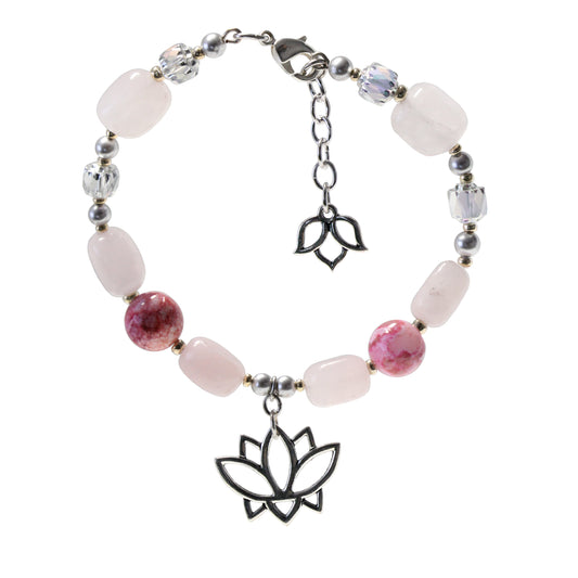 Lotus Bracelet with rose quartz / 6 to 7.5 Inch wrist size / silver pewter charms with extender chain