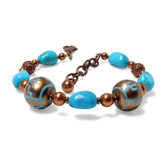 Turquoise Desert Bracelet / 6 - 7.5 Inch wrist size / with genuine turquoise gemstones / hand painted desert scene beads