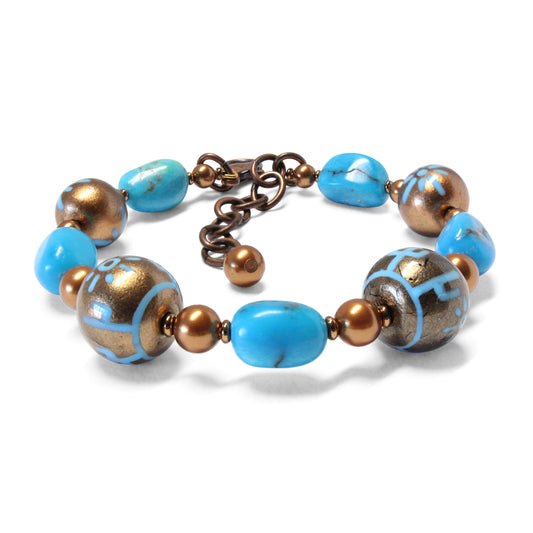 Desert Scene Bracelet / 6 - 7.5 Inch wrist size / with Nacozari turquoise gemstones / hand painted desert scene beads