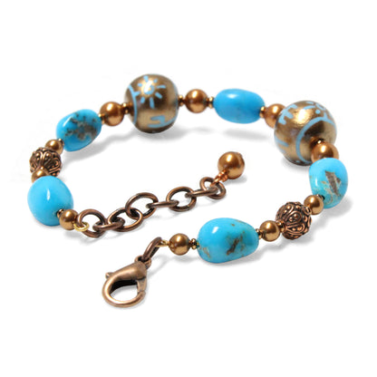 Desert Scene Bracelet / 6 - 7.5 Inch wrist size / with Nacozari turquoise gemstones / hand painted desert scene beads