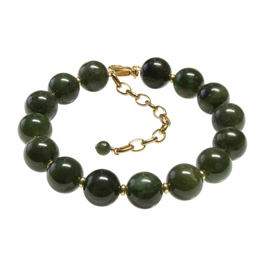 BC Jade Beaded Bracelet / 6 - 7.5 Inch wrist size / 10mm round nephrite jade