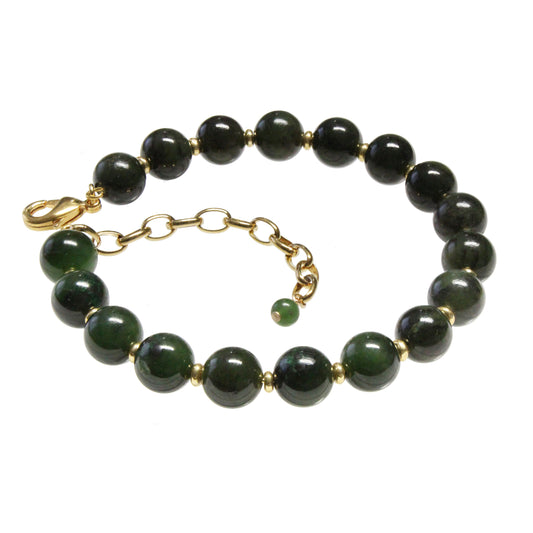 BC Jade Beaded Bracelet / 6 - 7.5 Inch wrist size / 8mm round nephrite jade