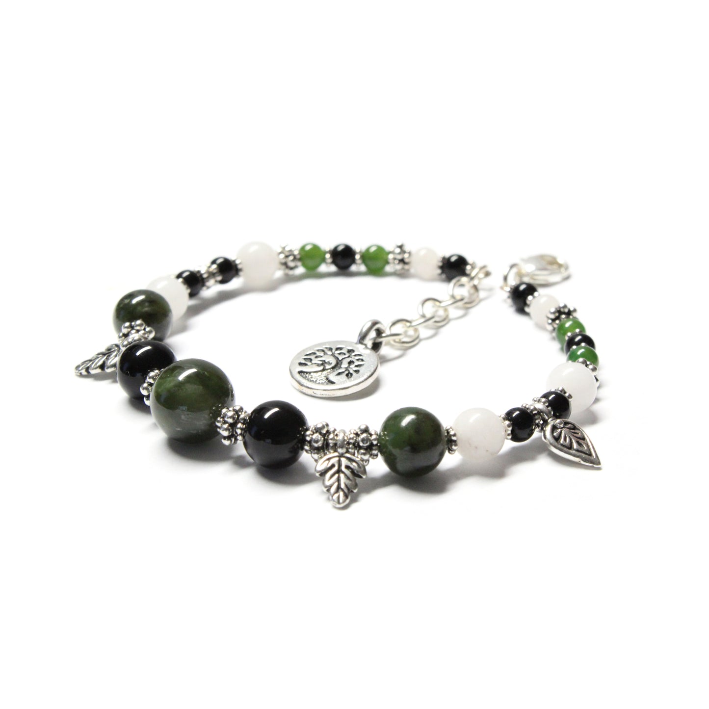 BC Jade Charm Bracelet / 6 to 7.5 Inch wrist size / silver pewter charms with extender chain