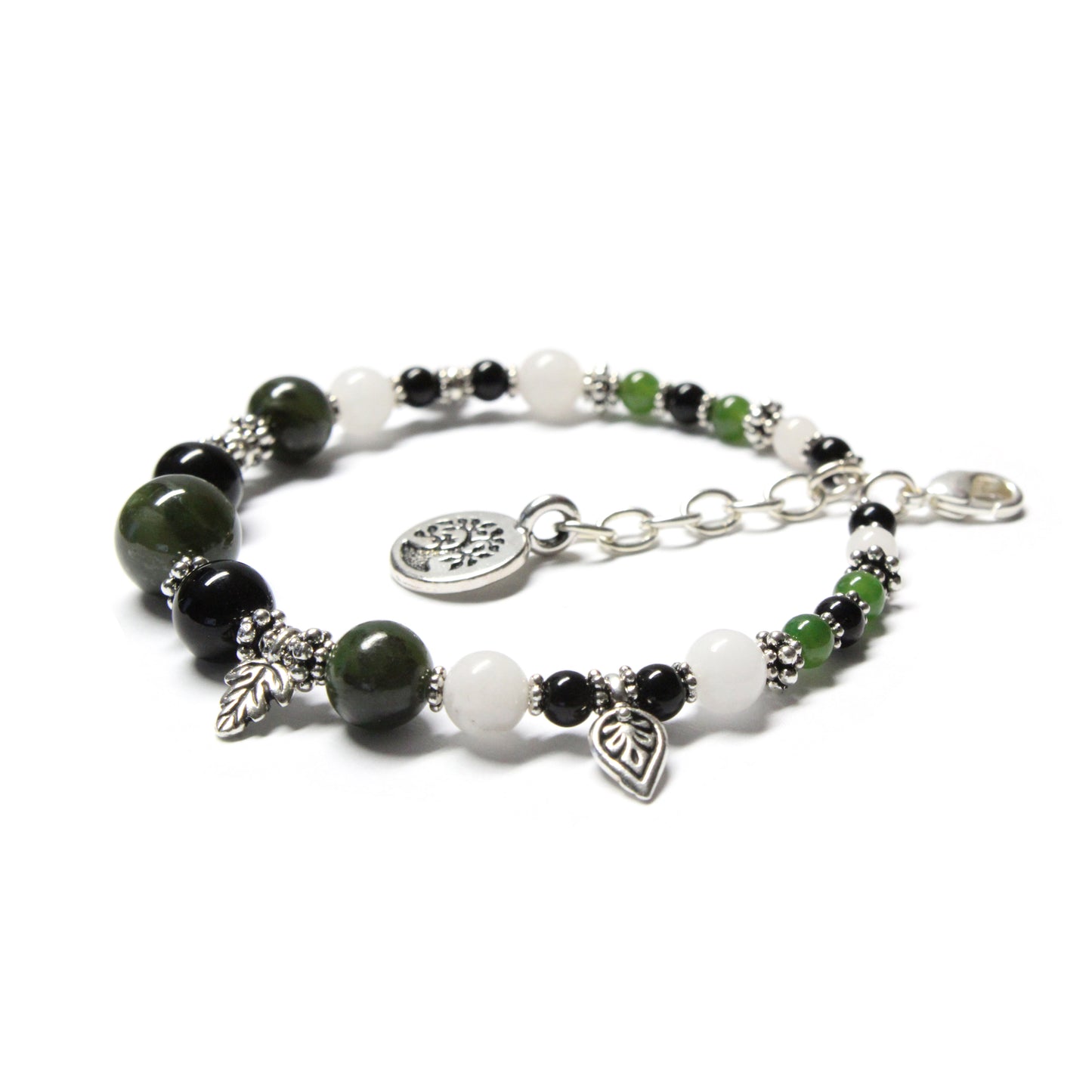 BC Jade Charm Bracelet / 6 to 7.5 Inch wrist size / silver pewter charms with extender chain