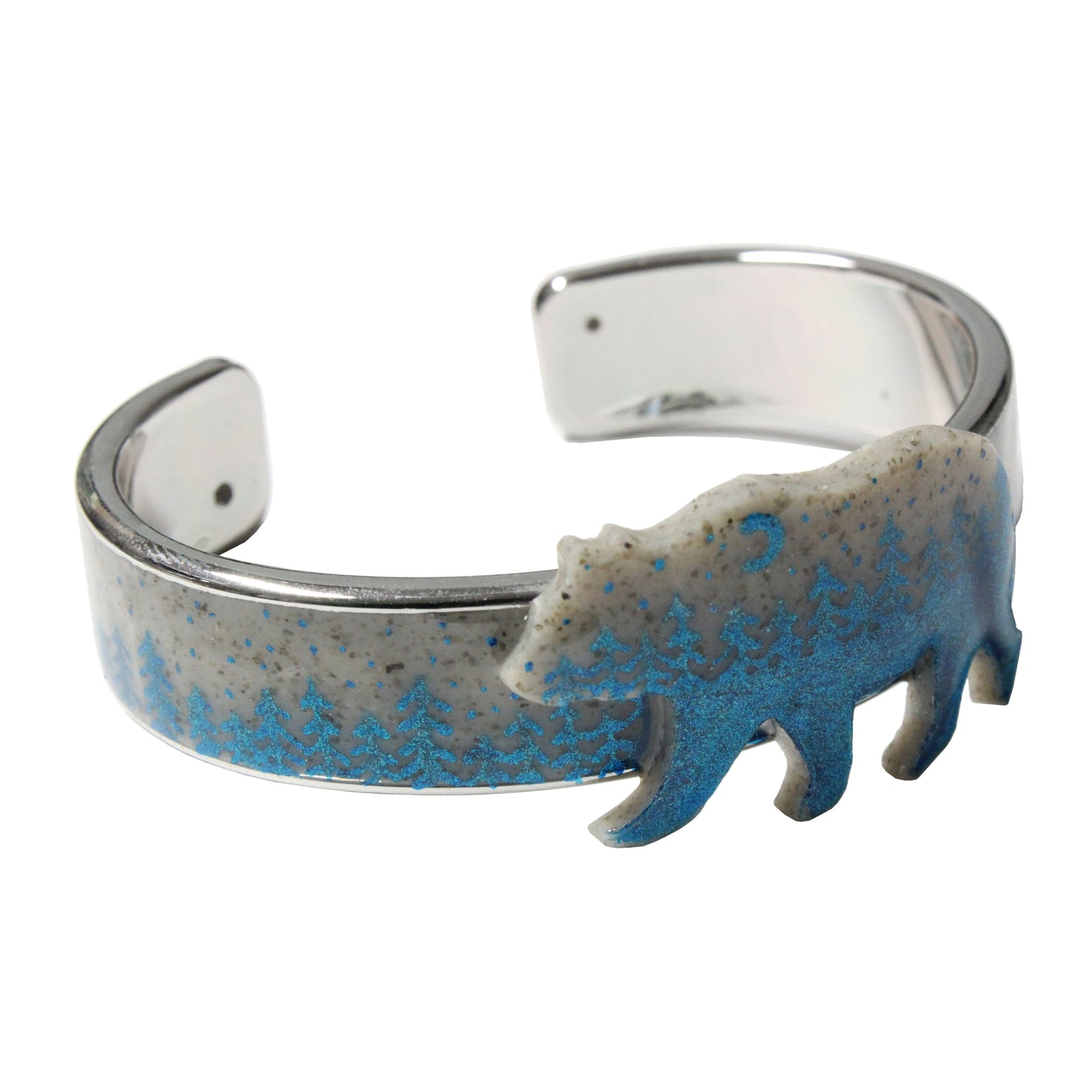 Night Forest Bear Cuff Bracelet / speckled grey with azure blue forest / up to a 7 inch wrist  size