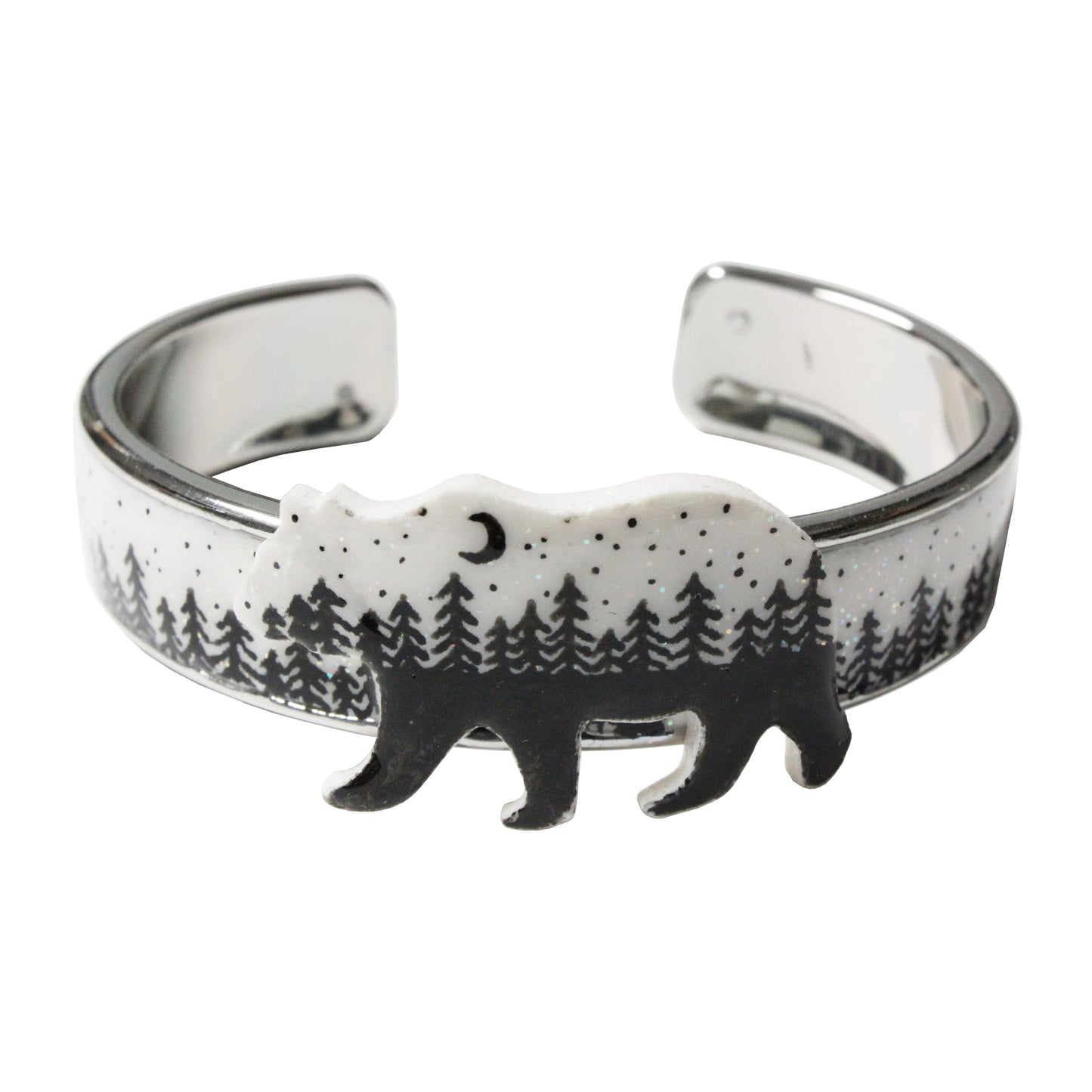 Night Forest Bear Cuff Bracelet / speckled white with black forest / up to a 7 inch wrist  size