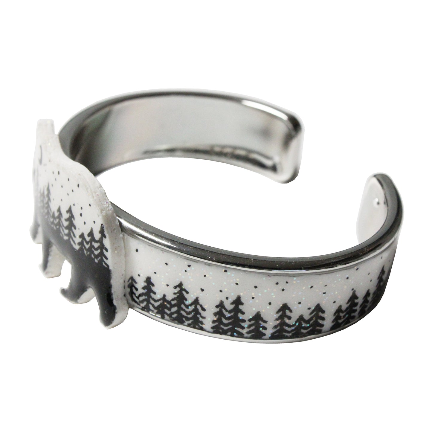 Night Forest Bear Cuff Bracelet / speckled white with black forest / up to a 7 inch wrist  size