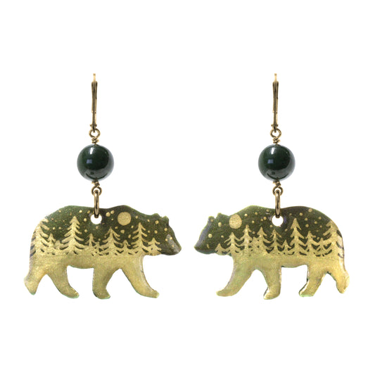 Night Forest Bear Earrings / 60mm length / genuine BC Jade gemstones / gold filled leverbacks
