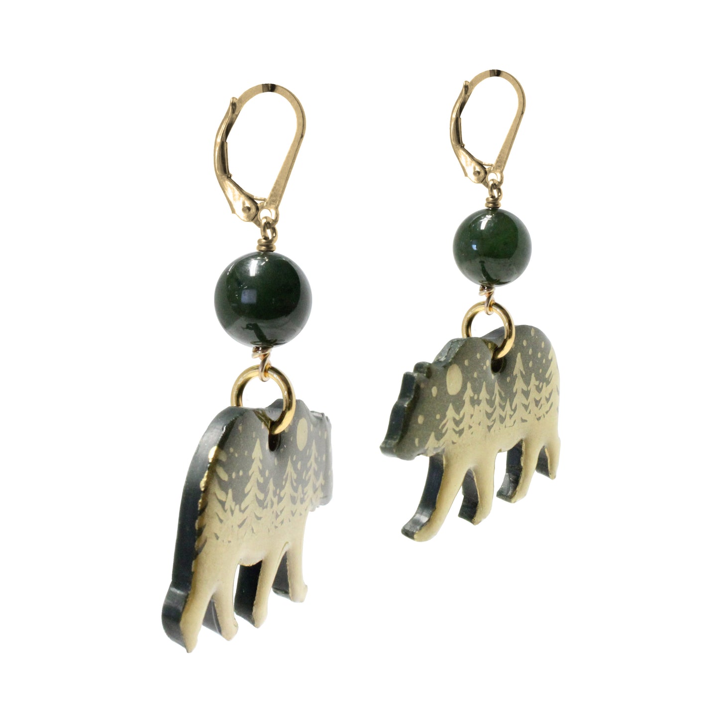 Night Forest Bear Earrings / 57mm length / genuine BC Jade gemstones / gold filled leverbacks