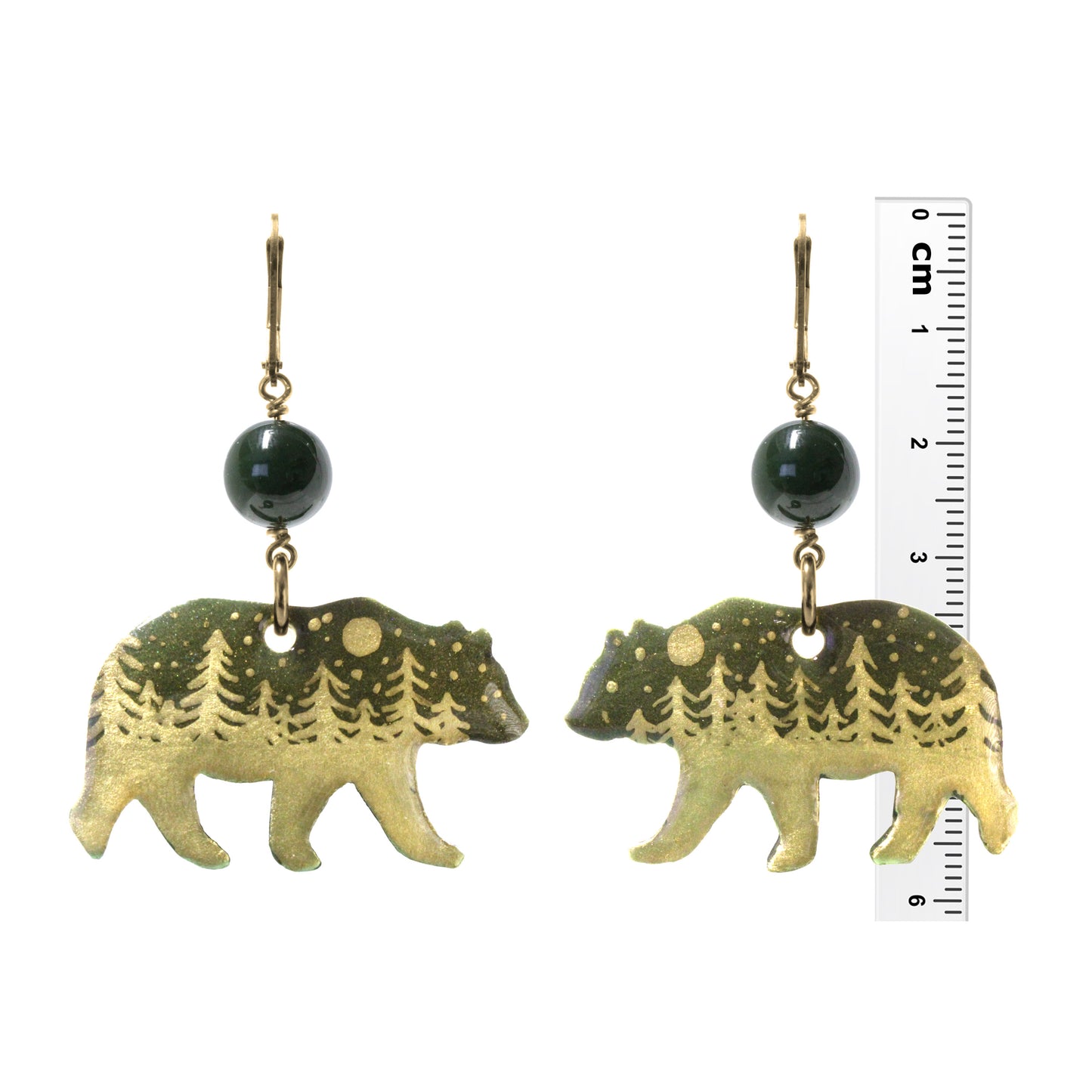 Night Forest Bear Earrings / 57mm length / genuine BC Jade gemstones / gold filled leverbacks