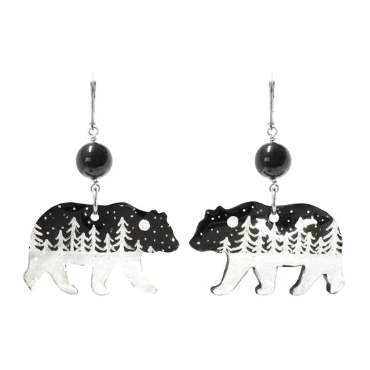 Night Forest Bear Earrings / 60mm length / black onyx gemstones / sterling silver leverbacks