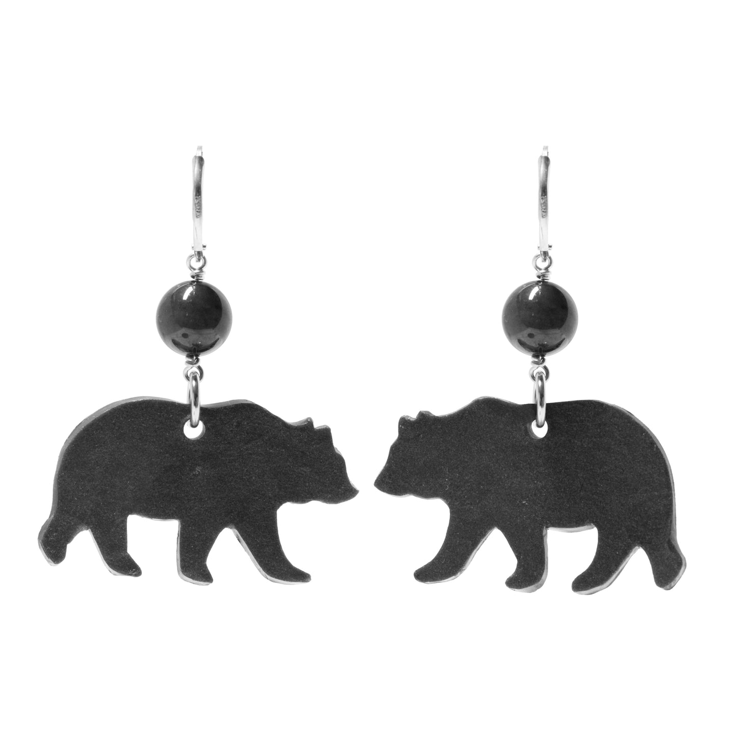 Night Forest Bear Earrings / 57mm length / black onyx gemstones / sterling silver leverbacks