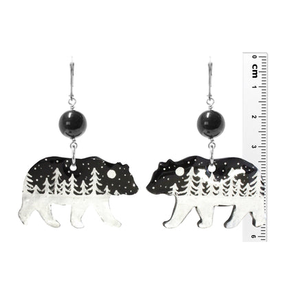 Night Forest Bear Earrings / 57mm length / black onyx gemstones / sterling silver leverbacks