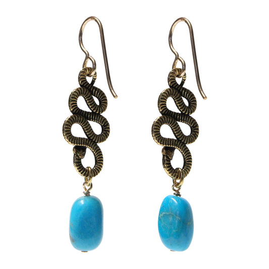 Rattlesnake Earrings / 50mm length / with stabilized Nacozari turquoise / gold filled hook earwires