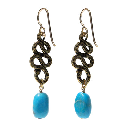 Rattlesnake Earrings / 50mm length / with Nacozari turquoise gemstones / gold filled hook earwires