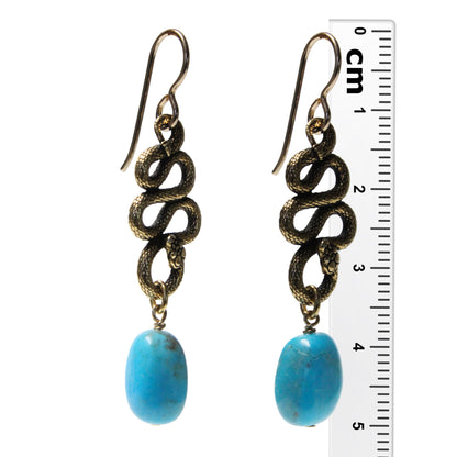 Rattlesnake Earrings / 50mm length / with Nacozari turquoise gemstones / gold filled hook earwires