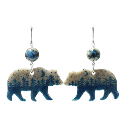 Night Forest Bear Earrings / 57mm length / with K2 granite and sterling silver leverback earwires