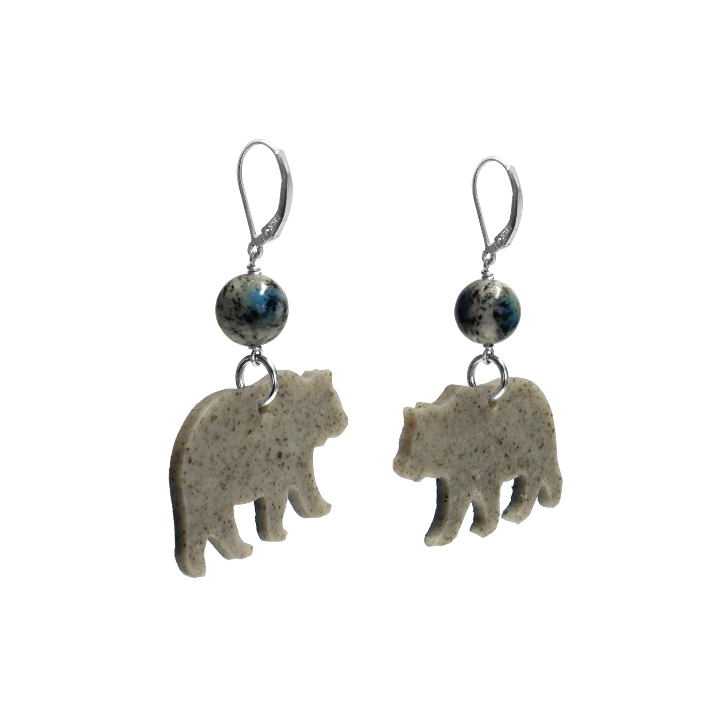 Night Forest Bear Earrings / 57mm length / with K2 granite and sterling silver leverback earwires