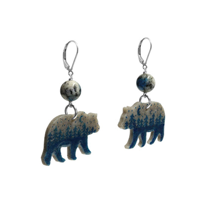 Night Forest Bear Earrings / 57mm length / with K2 granite and sterling silver leverback earwires