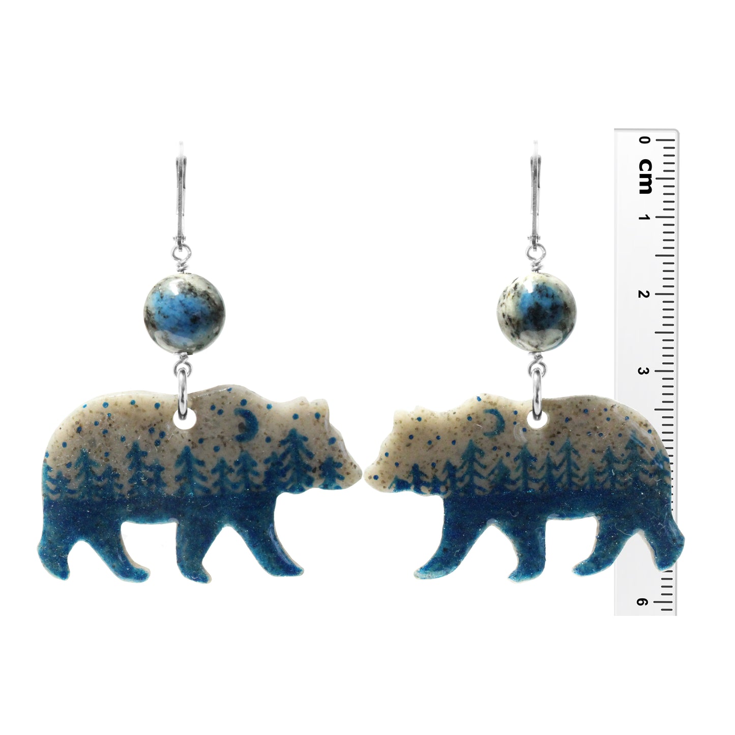 Night Forest Bear Earrings / 57mm length / with K2 granite and sterling silver leverback earwires