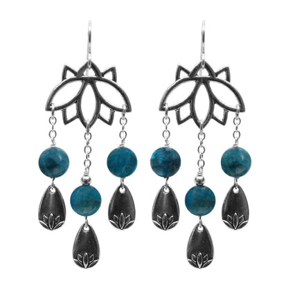 Lotus Earrings / 67mm length / with blue apatite and sterling silver earwires