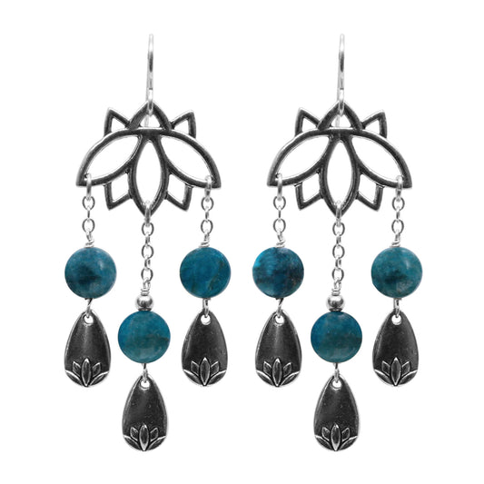 Lotus Earrings / 67mm length / with blue apatite and sterling silver earwires