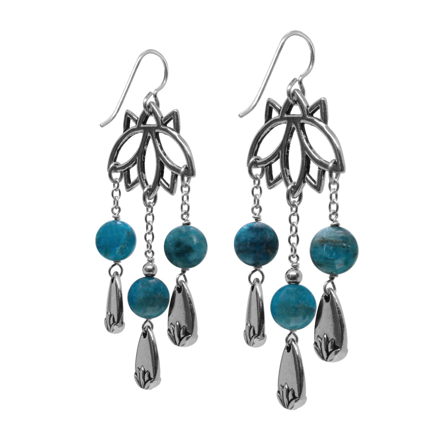 Lotus Earrings / 67mm length / with blue apatite and sterling silver earwires