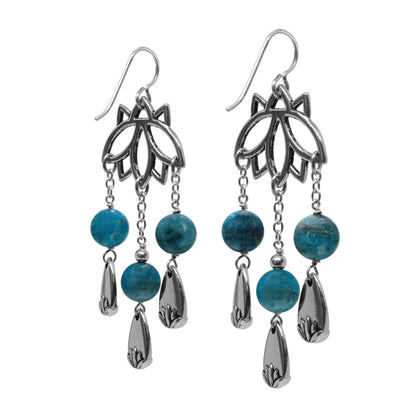 Lotus Earrings / 67mm length / with blue apatite and sterling silver earwires