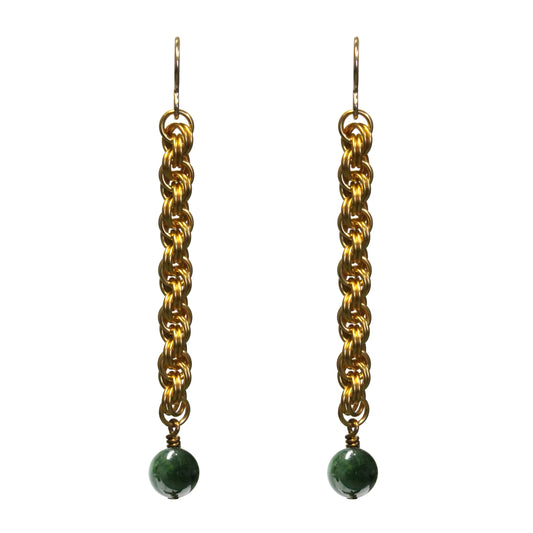 BC Jade Spiral Chainmail Earrings / 75mm length / gold filled earwires