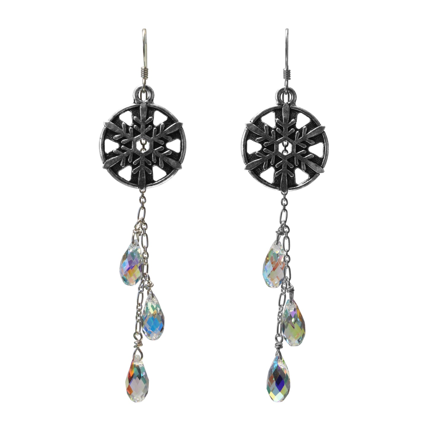Winter Snowflake Earrings with Crystal Drops with Sterling Silver Hooks