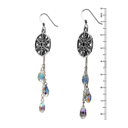 Winter Snowflake Earrings with Crystal Drops - side view and ruler
