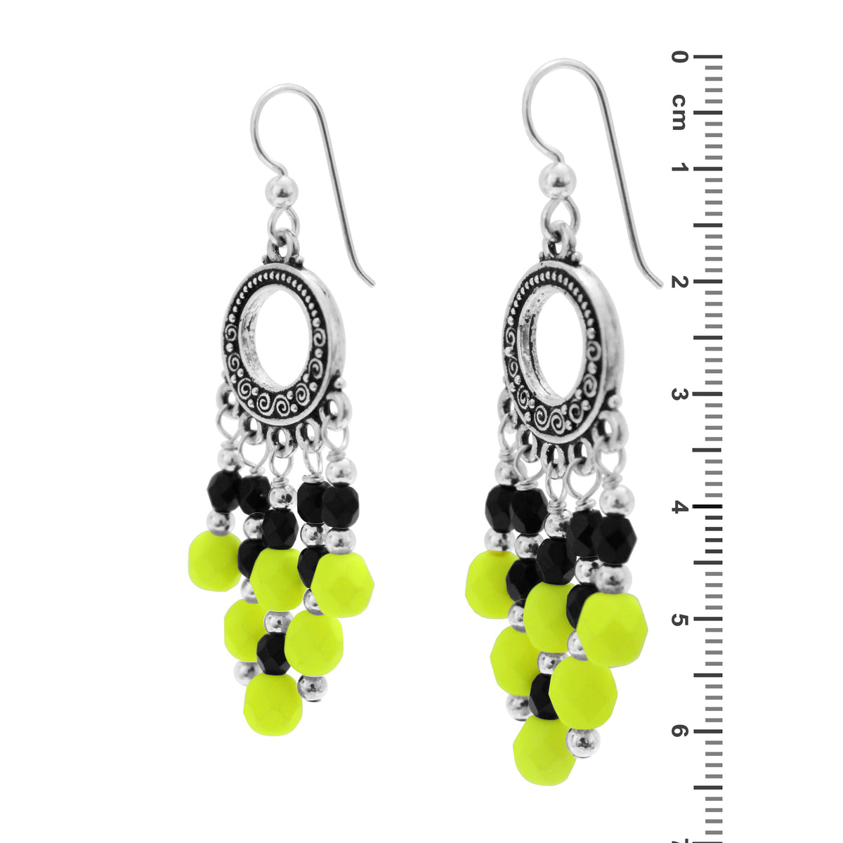 Neon Yellow Chandelier Earrings / side view with ruler