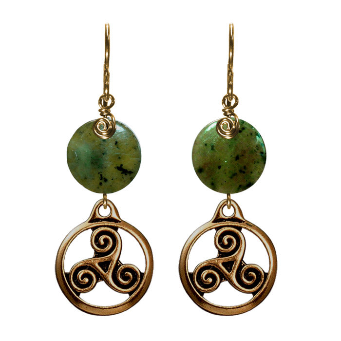 Green Serpentine Triskele Earrings / 48mm length / gold filled earwires