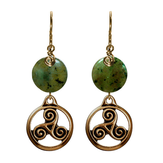Green Serpentine Triskele Earrings / 48mm length / gold filled earwires