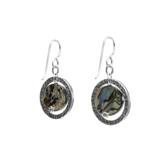 Paua Shell Ring Earrings / 35mm length / silver pewter rings with sterling silver earwires
