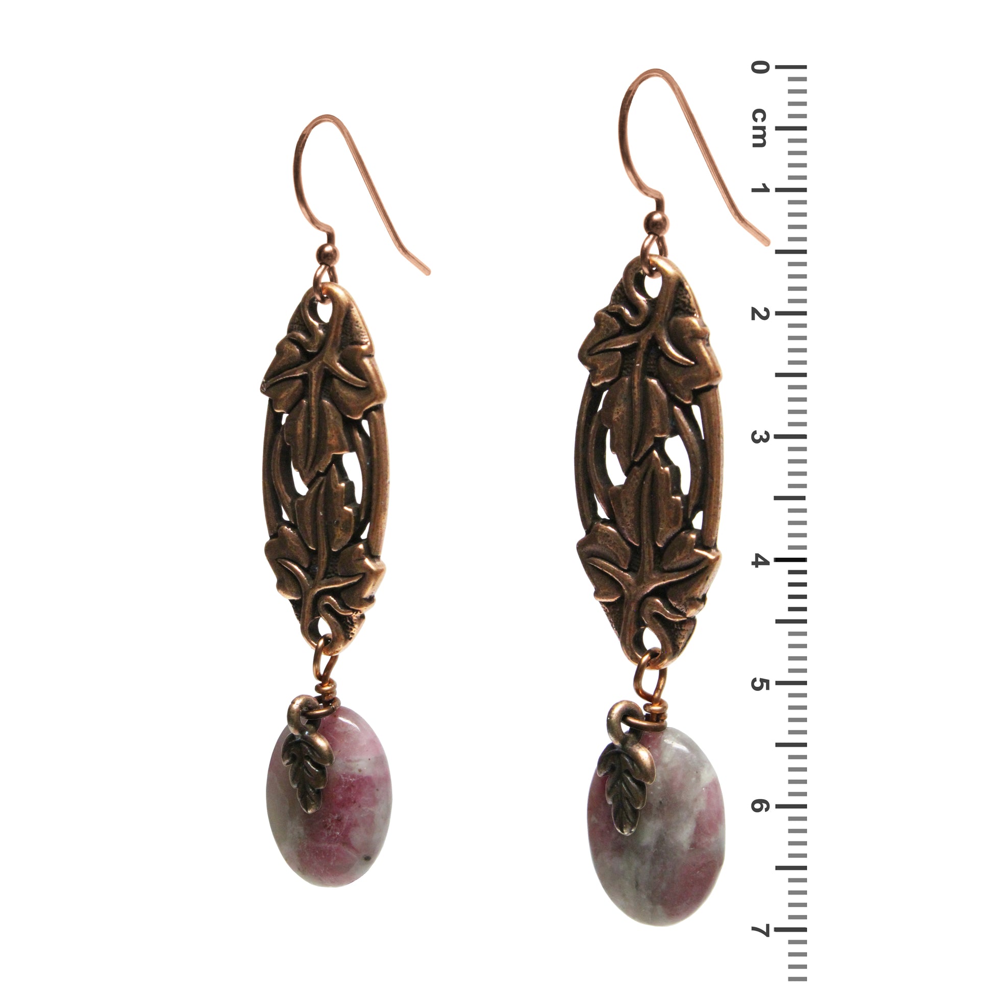 Woodland Copper Earrings / side view with ruler