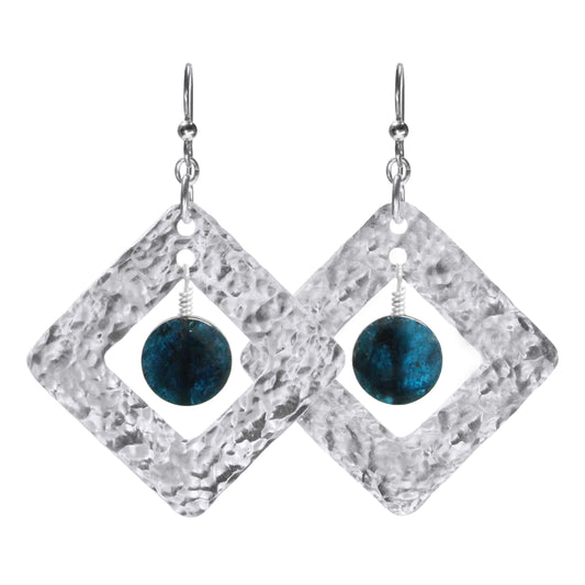 Hammered Steel Earrings with blue apatite / 65mm length / handmade geometric diamond-shaped / hypo-allergenic niobium earwires